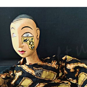 INDONESIAN JAVANESE DOLL carved spruce wood batik bean bag body Tattooed androgynous beaded doll with matching padded box collectible doll