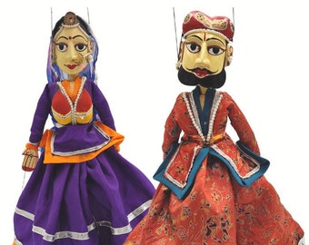 RAJASTHANI STRING PUPPET topsy turvy doll wood carved polychrome ornate string marionette Indian Wedding Bridal authentic ethnic decor kids