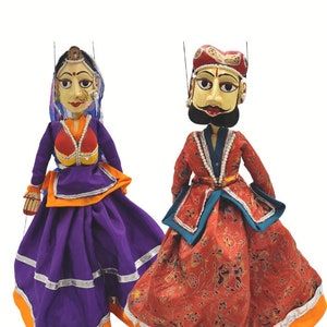 RAJASTHANI STRING PUPPET topsy turvy doll wood carved polychrome ornate string marionette Indian Wedding Bridal authentic ethnic decor kids