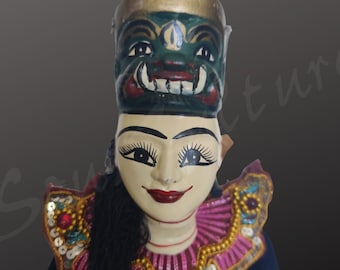 BURMESE HANUMAN MARIONETTE vintage Gilt puppet with stand beaded sequined handcrafted "the female ogre" Rare Myanmar theatre Yoke Thé puppet