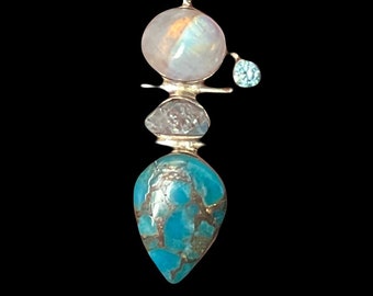 TURQUOISE MOONSTONE PENDANT turquoise & blue topaz Sterling silver open-work unisex southwestern style jewelry gift (ref.sp4)