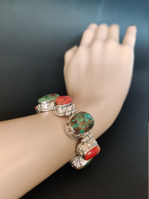 NAVAJO TURQUOISE CORAL sterling silver bracelet op