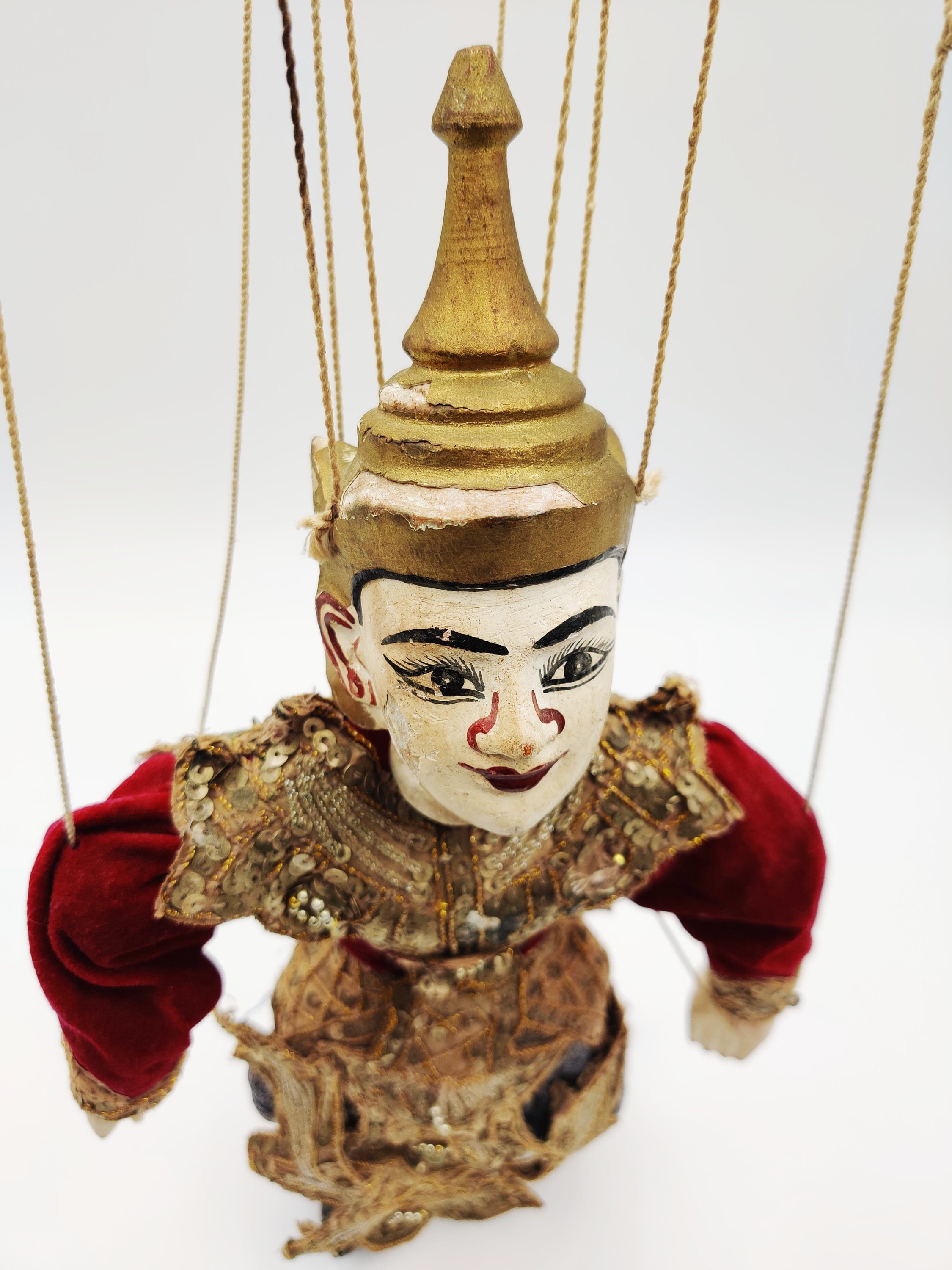 ANTIQUE BURMESE PUPPET Old String Puppet Red Velvet Beaded Sequined ...