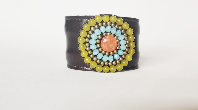 LEATHER CUFF BRACELET vintage adjustable wide leather cuff bracelet huge beaded focal jade turquoise coral beads genuine polished leather