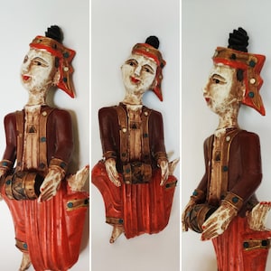 ANTIQUE BURMESE FIGURINE wood carved polychrome hanging Burmese temple musician playing hand drum Old Burmese Temple percussionist