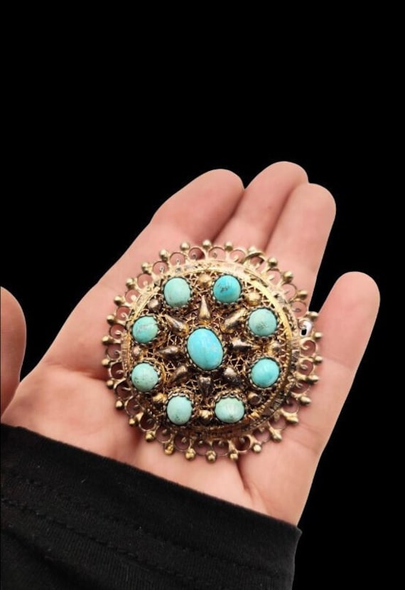 VERMEIL EDWARDIAN TURQUOISE brooch pendant Beautif