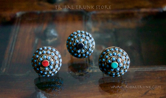 TRIBAL DOME RING tiny turquoise cabochons and pin… - image 4