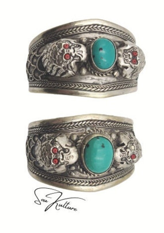 DRAGON CUFF BRACELETS Pair! Turquoise Tibetan Sil… - image 2