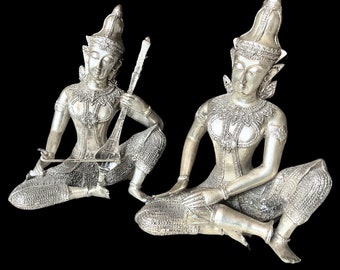 LARGE THAI MUSICIAN Vintage Rattanakosin musician figure playing the hand-drum and the lute Intricate ornate pewter South Asian decor