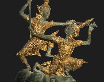 ANTIQUE THAI STATUE Circa 1950 heavy gilt bronze statue depicting the training of the Temple Guards collectible Bangkok Art