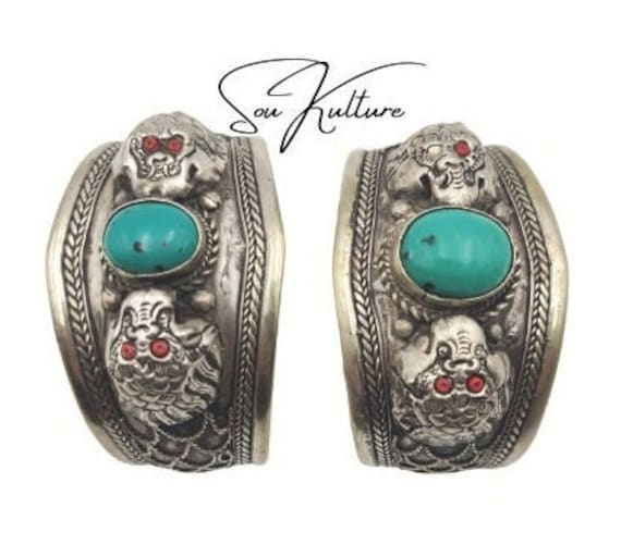 DRAGON CUFF BRACELETS Pair! Turquoise Tibetan Sil… - image 1