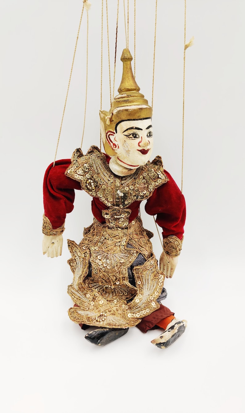 ANTIQUE BURMESE PUPPET Old String Puppet Red Velvet Beaded Sequined ...