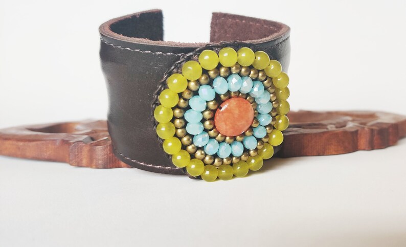 LEATHER CUFF BRACELET vintage adjustable wide leather cuff bracelet huge beaded focal jade turquoise coral beads genuine polished leather