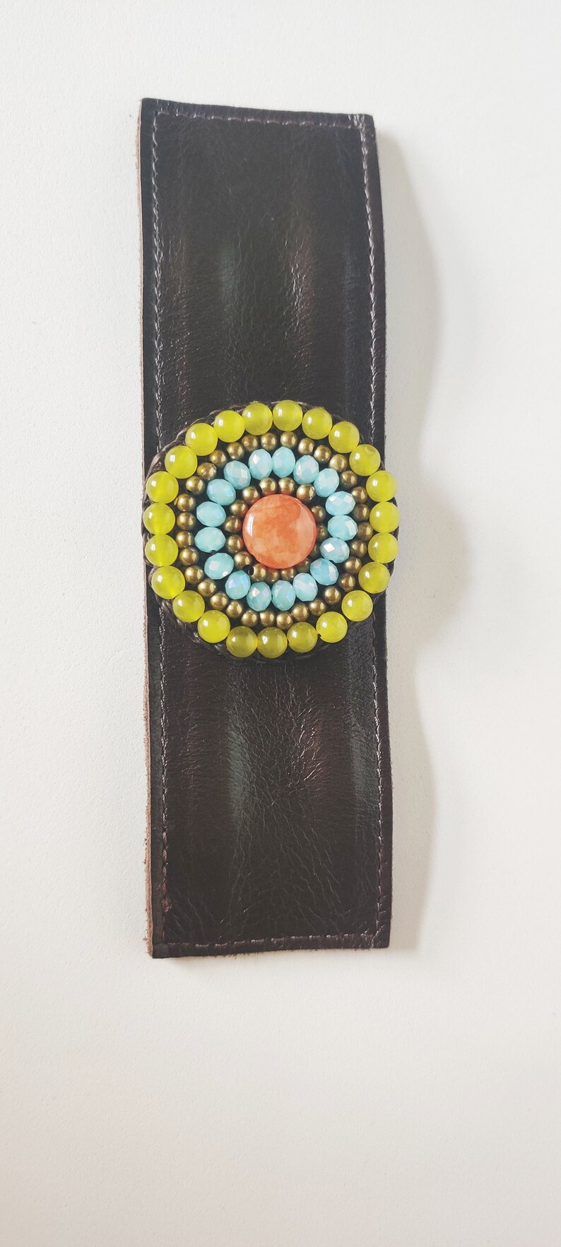 LEATHER CUFF BRACELET vintage adjustable wide leather cuff bracelet huge beaded focal jade turquoise coral beads genuine polished leather