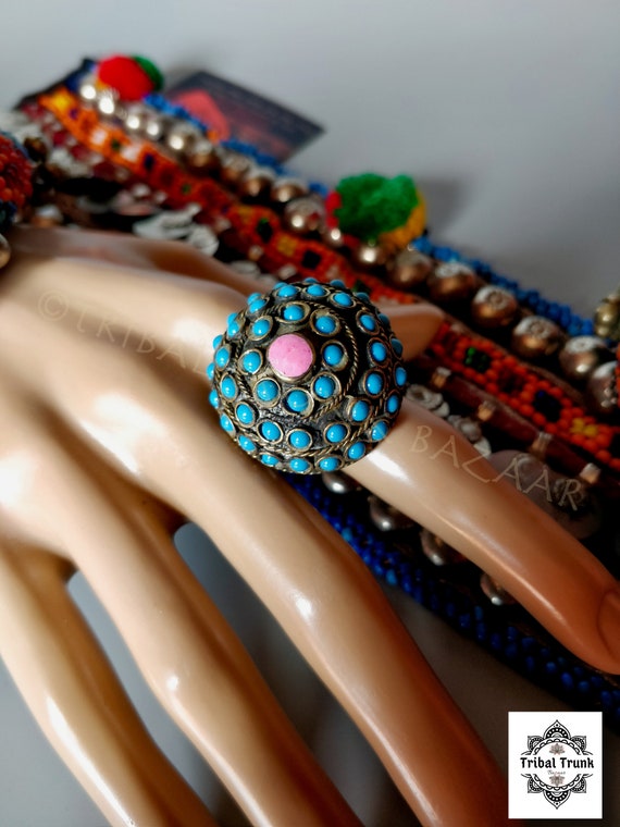TRIBAL DOME RING tiny turquoise cabochons and pin… - image 1