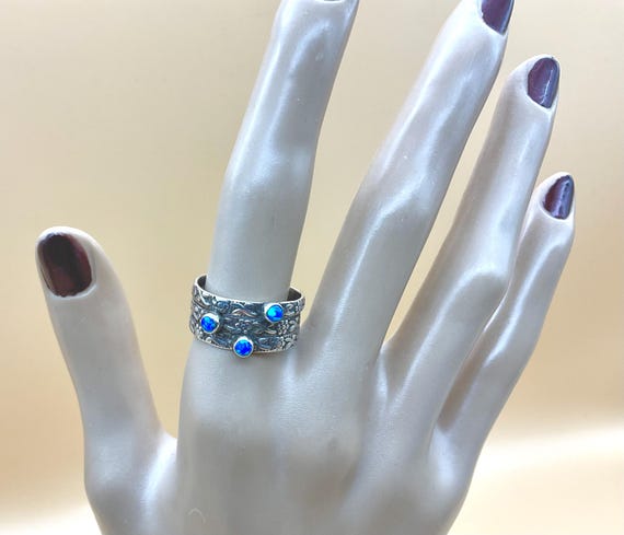 FIRE OPAL RING Blue fire opal stack ring textured… - image 3