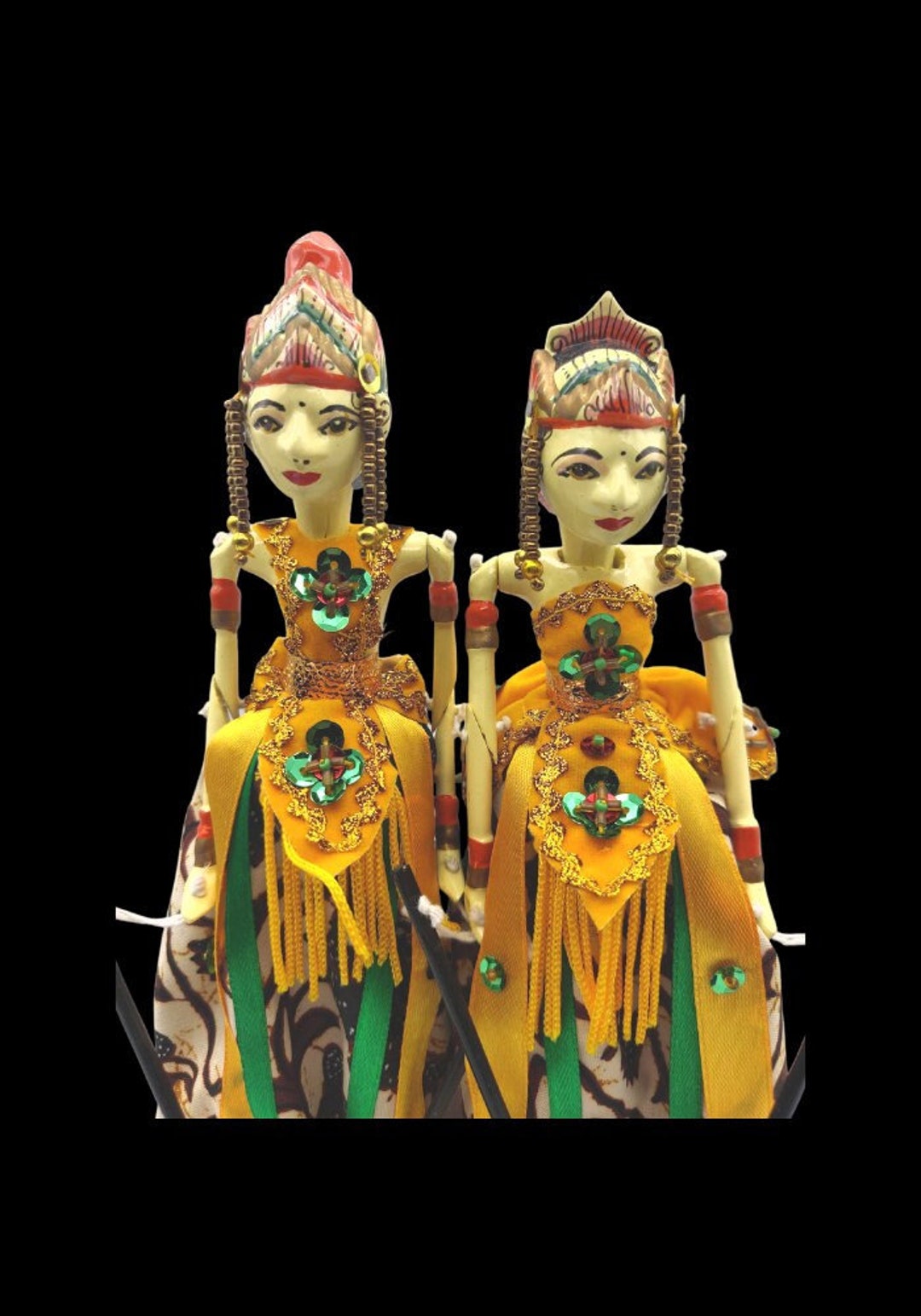 WAYANG GOLEK PUPPETS Vintage Gilt Rama & Shinta Puppets Beaded Sequined Handcrafted in Indonesia