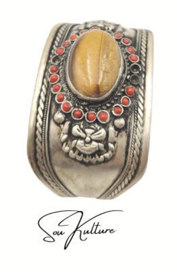 TIGER'S EYE BRACELET Ornate Tibetan Silver, coral… - image 6