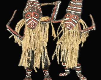 AFRICAN MASKS DOLLS set of 2 traditional Zimbabwe and Zambia Makeshi Ceremonial ritual dolls large painted masks tribal & ethnic folk art