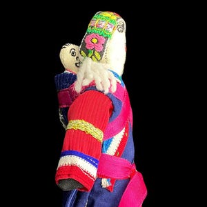 COLLECTIBLE WORRY DOLL vintage traditional doll of man carrying baby on his back Large East Asian Worry textile doll  Folk-Art ref: N13