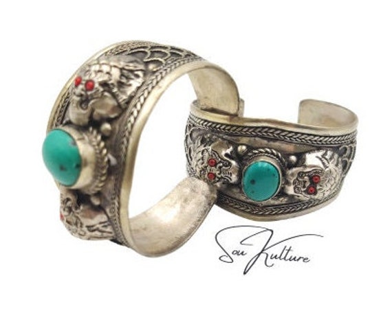DRAGON CUFF BRACELETS Pair! Turquoise Tibetan Sil… - image 4
