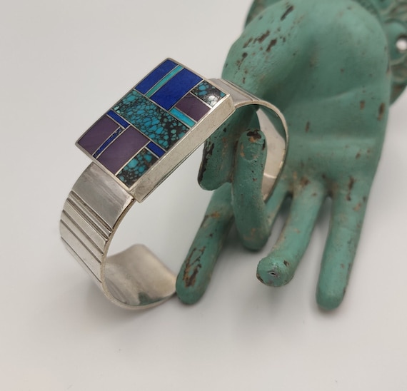 Important Vintage Navajo Inlay Shop Sterling Silver Turquoise Bracelet Important Vintage Navajo Inlay Shop Sterling Silver Turquoise Bracelet
