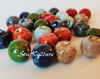 GLAZED CERAMIC BEADS  handcrafted spheric fired ceramic beads, large center drill