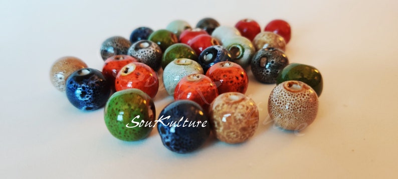 GLAZED CERAMIC BEADS  handcrafted spheric fired ceramic beads, large center drill