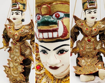 BURMESE HANUMAN MARIONETTE vintage Gilt puppet colorful beaded sequined handcrafted "the ogre" Rare Myanmar theatre Yoke Thé cultural decor
