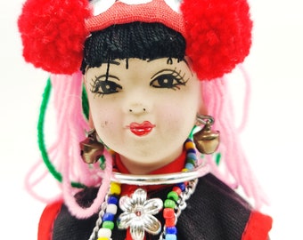 MOUNTAIN TRIBAL DOLL Collectible H-mong bisque & textile jeweled costumed doll vintage ethnic Hill-tribe jeweled Thai doll ref:D02