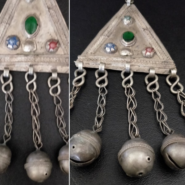 PYRAMID TURKMEN PENDANT Old Ersari pendant large bells jewel settings Turkoman jewelry tribal pendant diy cosplay fusion