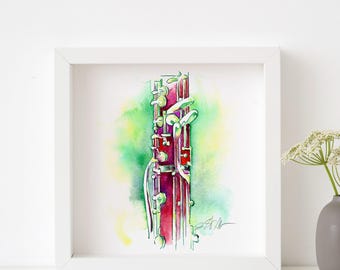 Raspberry English Horn Watercolor Painting: Musical Instrument Art Print