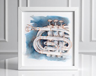 Coronet Watercolor Painting, Silver Brass Instrument Art Print