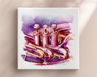 Raspberry Mellophone Watercolor Painting, Vibrant Musical Instrument Art (8"x8")