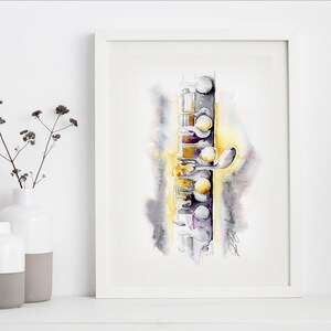Gold und Silber Piccolo Malerei-Holzbläser Aquarellkunst von Jamie Hansen