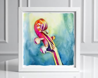 Cello Headstock in Strawberry | 10" x 10" Print | Watercolor Painting by Jamie Hansen