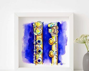 Flûte en or, estampe 20 x 20 cm | Peinture d'instrument de musique par Jamie Hansen