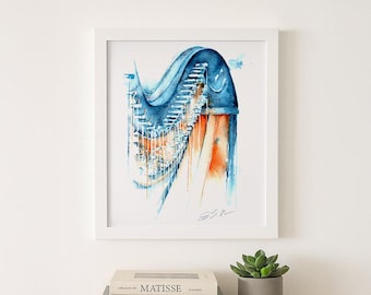 Harp in Blue and Ochre | Watercolor Painting by Jamie Hansen