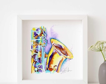 Saxophone in Lavender watercolor art - small painting by Jamie Hansen