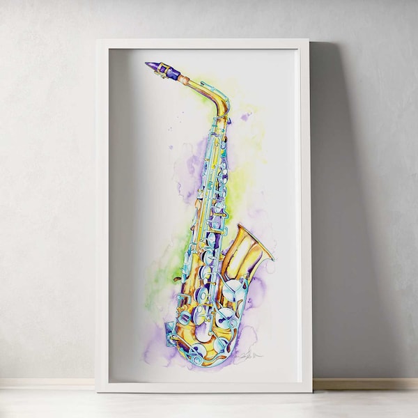Alto Saxophone Art - Jazz Sax watercolor art |  Musical Instrument Painting by Jamie Hansen