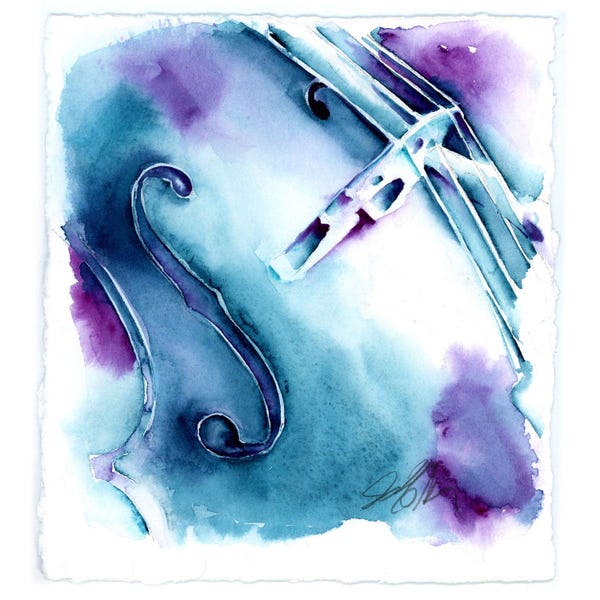 Violoncelle en bleu, peinture aquarelle 20 x 20 cm