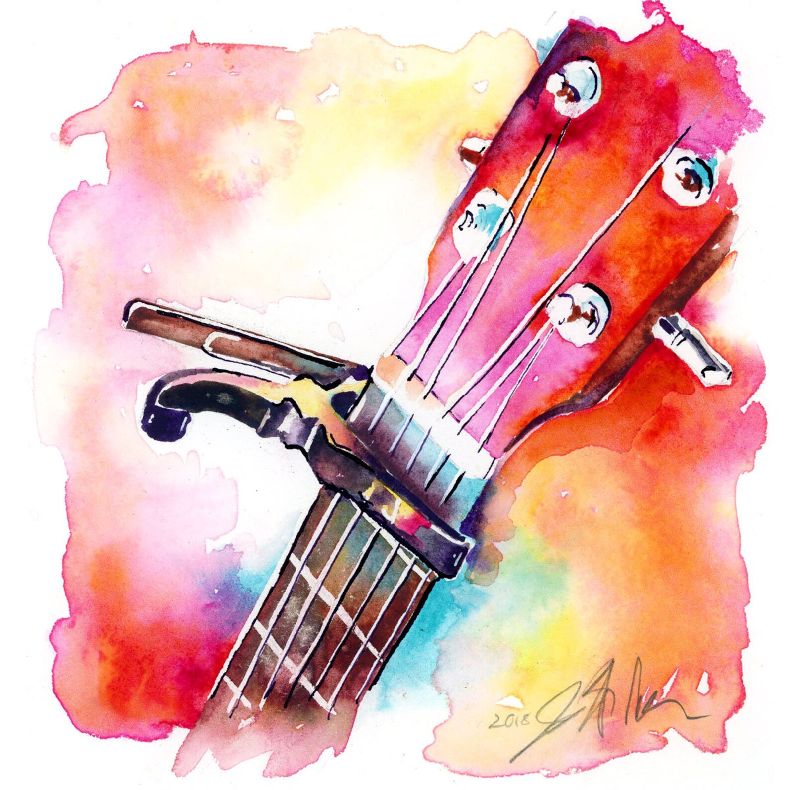 Capo and Headstock Wall Art Guitar Watercolor, Music Room Decor Music