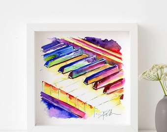 Colorful Piano Watercolor Art Print - Music Room Decor (8x8)