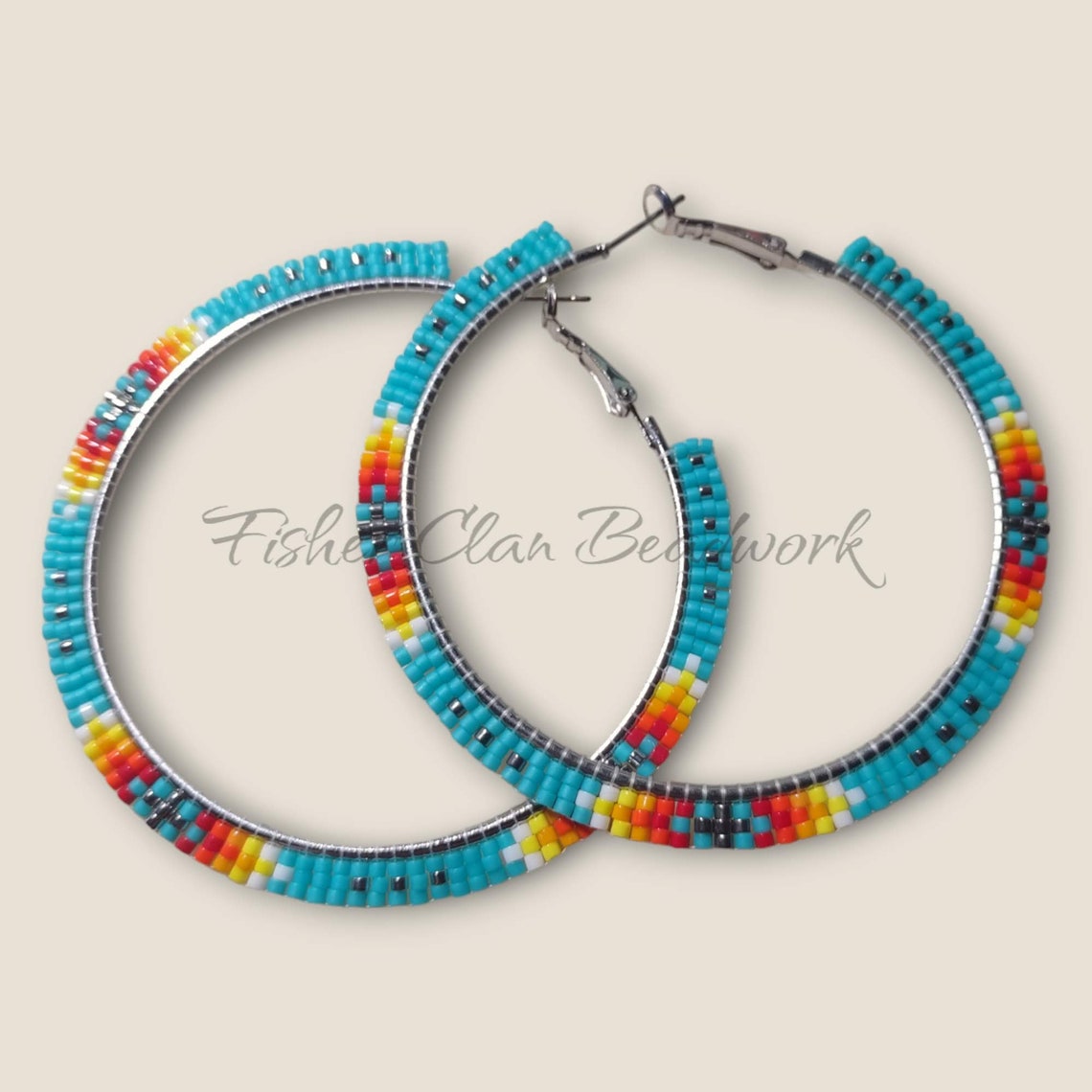 Native Made Beaded Hoop Earrings Turquoise and Fire Colors Penobscot