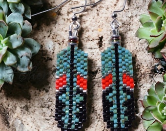 Native Beaded Feather Earrings - Penobscot Nation, Maine - Turquoise & Coral Colors - Brick Stitch