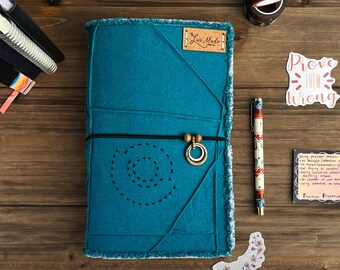 OOAK Simple Journal Cover, Hand Embroidered with Diagonal Pocket for Multiple Notebooks, books, journals, prayerbooks, planners