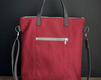 Burgundy Canvas Redwood Crossbody Tote Bag, Deep Zippered Bag