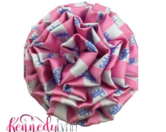 Jack and Jill Interlocking logo striped handmade flower corsage pin. Be sure to fluff up the pin so it can blossom.