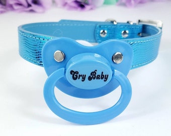 Adult Pacifier Gag with Adjustable Strap for Hands-Free Play - Cry Baby Blue ABDL Gag - DDLG Age Play Pacifier Gag - Pet Play Gag