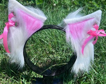 Corset Kitten Cosplay Animal Ears - Kawaii Ribbon Pet Play Ears- Fluffy Faux Fur Costume Ears - Halloween Ears
